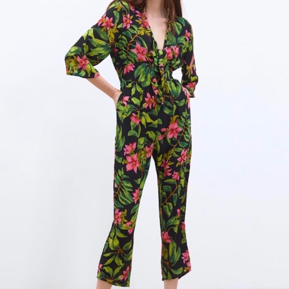Zara Pants - Zara Black & Green Floral Front Tie Jumpsuit